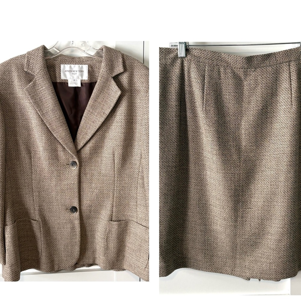 Jones New York Khaki Tweed Office Blazer Skirt Suit in Size 16